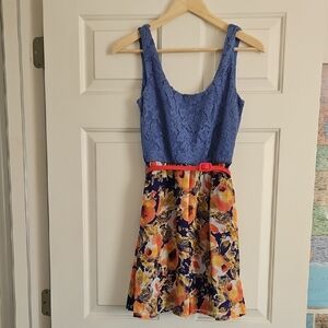 Floral Dress with Blue Lace Top and Pink Belt